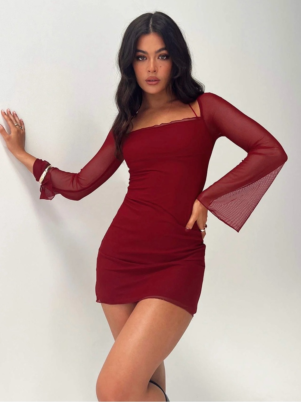 Princess Polly Burgundy Mesh Bell Sleeve Mini Dress